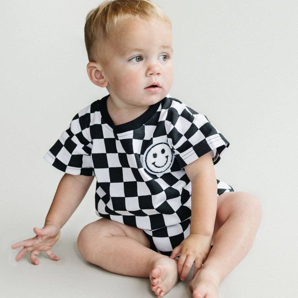 Short Sleeve Bubble Romper | Checkered Smiley Black
